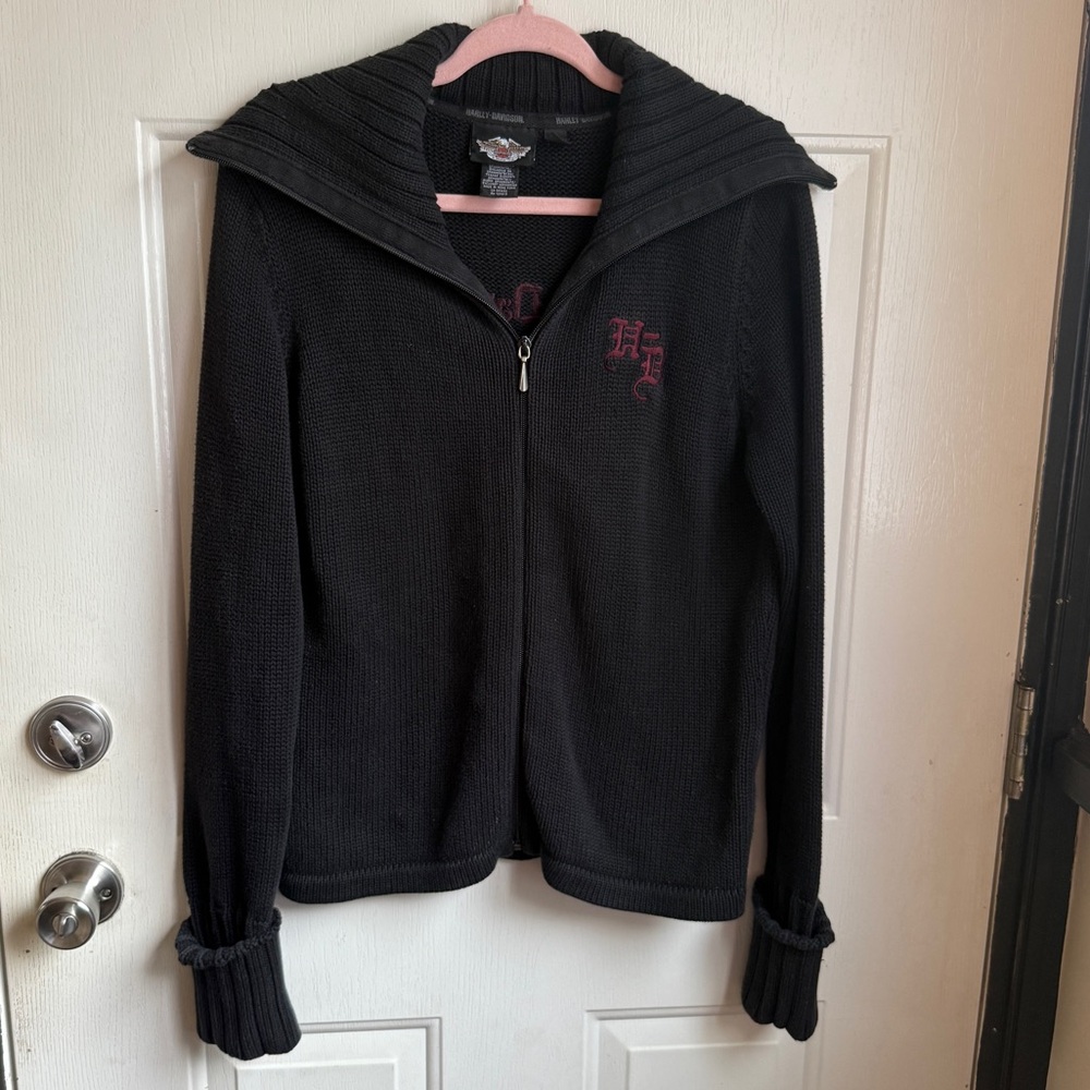 Harley Davidson women’s zip up knit sweater 100% cotton Embroidered logo